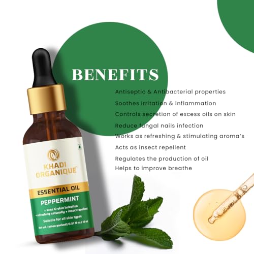 Image of Khadi Organique Peppermint Essential Oil | Natural Therapeutic Grade Oil | For Hair Growth, Skin Care, Steaming, Diffuser, Aromatherapy & Insect Repellent | Soothing Relief & Muscle Relaxation - 15ml