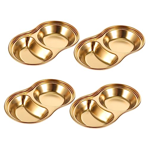 FUNOMOCYA 4pcs Barbecue Dip Plate Appetizer Trays Mini Plates Grid Saucers Double-grids Dishes Biscuit Plate Dip Dishes Mini Saucers Dishes Serving Tray Round Golden 304 Stainless Steel