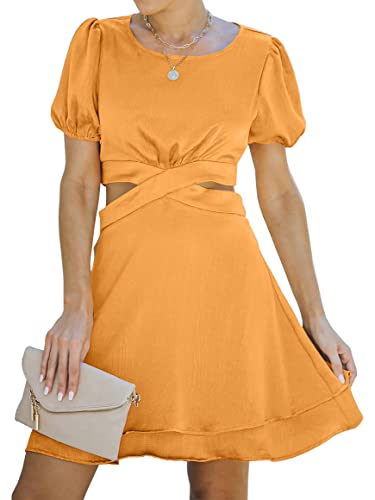 Women Summer Dresses Crew Neck Short Lantern Sleeve Cutout Crossover Waist Tie Back Casual Party A-Line Mini Dress Yellow #TOP14