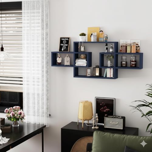 Image of Wooden Wall Shelves for Living Room, Bedroom Wall Mounted Rectangle Bookcase, Intersecting Wall Shelves for Storage Modern Decorative Display Shelves for Wall Decor (Navy)