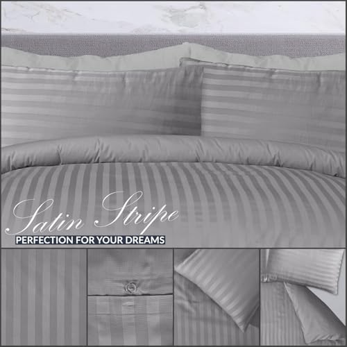 Sleepdown Premium Hotel Quality 100 Pour cent Cotton Satin Stripe Duvet Cover Set with Pillowcases Quilt Bedding Soft Easy Care Luxury Bed Linen - Grey - Super King (260cm x 220cm)