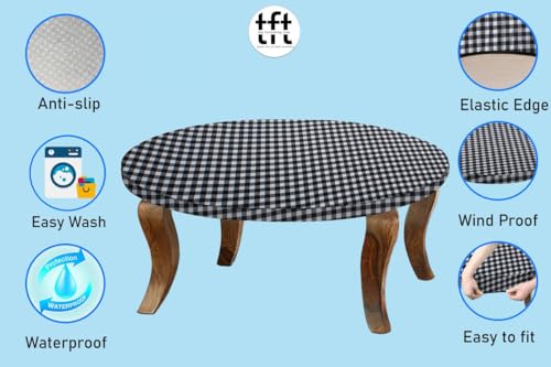 Image of The Furnishing Tree Round Elastic Fitted Center Tpoy Table Cover WxL 20x20 Inches Checkered Pattern White