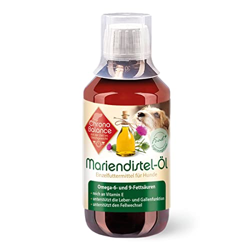 ChronoBalance 250ml Mariendistelöl für Hunde, Nahrungsergänzungsmittel, reich an Vitamin E, Omega-6 und Omega-9, Unterstützung für Gewebe und Fell, inkl. Messbecher
