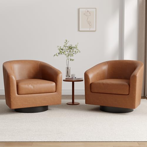 Lumibee Faux Leather Swivel Barrel Chairs Set of 2, Upholstered Comfy Round Swivel Accent Chair, 360° Rotation Single Sofa Club Armchair for Living Room, Reading Room, Bedroom, Brown
