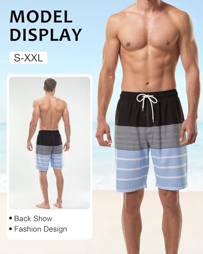 Image of Mens Swim Trunks with Compression Liner 2 in 1 Quick Dry Swimming Shorts Swimwear Bathing Suits with Pockets, 9 inch-Blue Stripe,XL