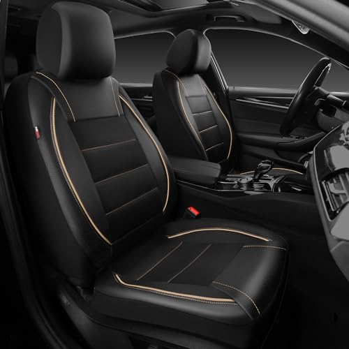 Image of CAR PASS Universal FIT Piping Leather Two Front Seat Covers, Waterproof Faux Leather for SUV Sedan Van Truck, Airbag Compatible,Reserved Opening Holes for Headrest Covers. (Black and Beige)