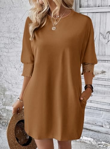 Image of Dokotoo Womens Dresses 2025 Spring 3 /4 Sleeve Fashion Dresses Crewneck Casual Mini Dress with Pockets S-XL