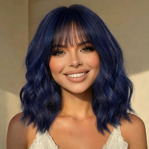 Image of Nnzes Wig with Bangs for Women Short Bob Wavy Charming Synthetic Dark Blue Wigs with Natural Shoulder Length Curly Heat Resistant Hair for Daily Party Use