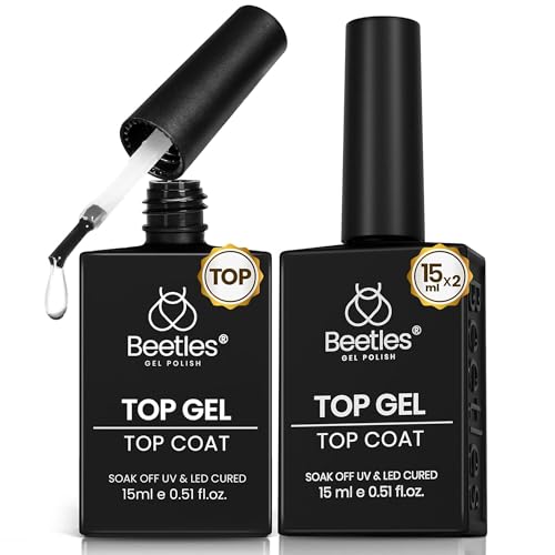 Beetles Top Coat Gel Nail Polish, 2Pcs 15ml No Wipe Gel Top Coat High Gloss Shiny Long-Lasting Clear...