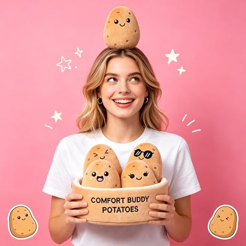 Image of Emotional Support Potato Plush Set, 5 Soft Squishy Toys Stuffed Animal with Carrying Basket, Cute Cuddly for Loved Ones of All Ages, Stress Relief Funny Gifts (Potato)