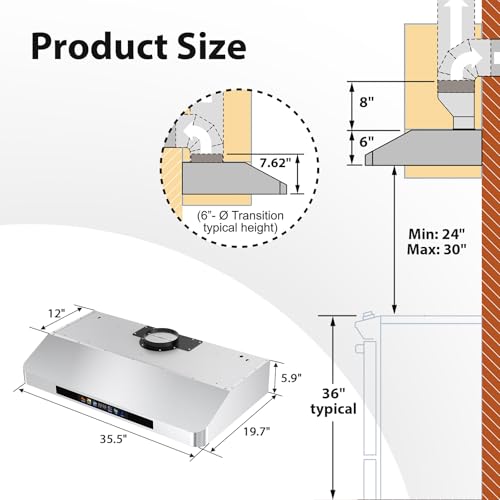 Image of Tieasy 36 Inch Under Cabinet Range Hood, 900 CFM Kitchen Vent Hood with 4-Speed Dual Motor Stove Hood, Smart WiFi Voice /Gesture /Remote /Touch Controls, Memory Function, Baffle Filters, Color Display