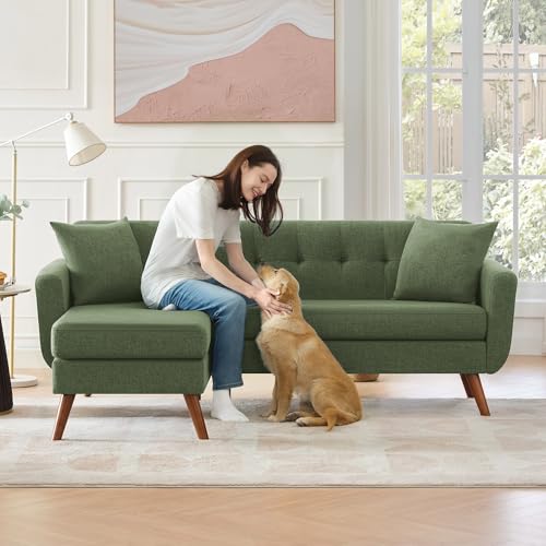 Tbfit L Shaped Couch Sofa, 80" W Mid-Century Modern Sectional Couches, 3 Seater Sofas with Wide Chaise Lounge & Two Pillows,Button Tufted Upholstered Sectional Sofa for Living Room, Bedroom, Green