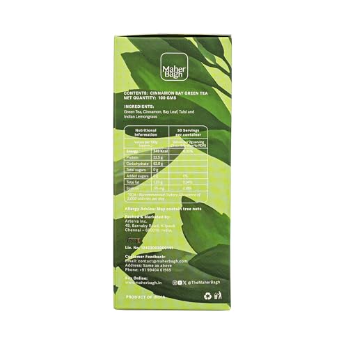 MAHER BAGH Cinnamon Bay Green Tea - 100g Loose Leaf Tea - 50 Cups - Low Caffeine - Cinnamon, Bay Leaf, Tulsi & Lemongrass - Himalayan Botanicals Collection