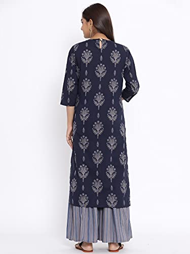 Image of Doriyaan women Floral Printed straight cotton kurta With Sharara salwar suit Set Blue