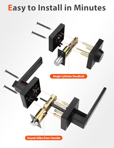 Image of Tinewa 4 Pack Square Keyed Alike Front /Exterior Door Levers with Single Cylinder Deadbolt, Flat Black Entry Door Knob Lock Sets with Deadbolt Combination Sets, for Entrance /Front and Office Doors