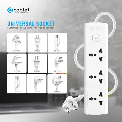 Image of Cablet Extension Board 1.8 Meter Cable, 2500W 10A, 3 Universal Multi Plug Socket, Master Switch, 1.8 Mtr Heavy Duty Cord, LED Indicator, Power Strip for Home Office