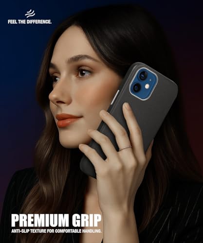 Image of WOW IMAGINE Back Cover for iPhone 12 | Shockproof Tough Leather Texture Hard Mobile Case | Ultra Slim Non-Slip Grip | Inner Velvet Fabric | Metal Camera Ring - Black
