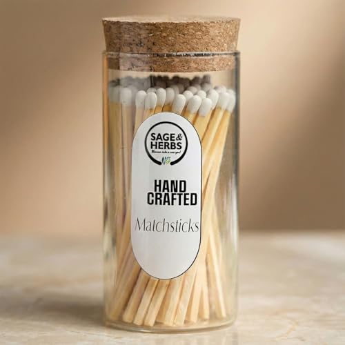 Image of Sage & Herbs Long 65 White Matchsticks in a Borosilicated Cork Jar with Striker| for Fireplace, Kitchen, Home Temple | Extra Long Burn Time Matchsticks | Matchbox Aesthetic