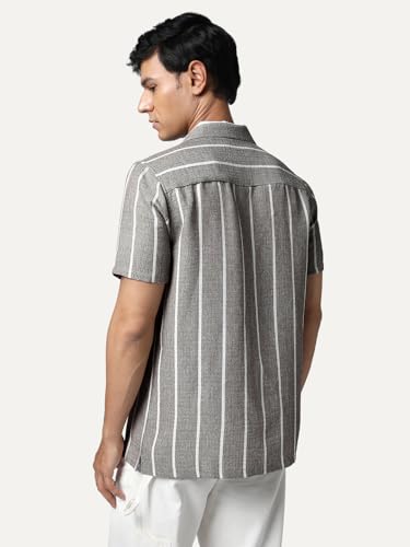 Image of Urbano Fashion Men's Cotton Half Sleeve Relaxed Fit Linen Striped Shirt with Cuban Collar