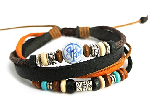 Agathe Creation - Pulsera tibetana con amuleto de buena suerte, colgante pequeño con hoja de bronce, piel, cáñamo y perlas de madera, barro cocido y metal, multicolor, talla estándar, hecha a mano