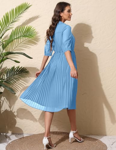 Image of Women V Neck 3 /4 Sleeve Pleated A-Line Dress with Belt Swing Midi Dresses for Spring Summer Autumn