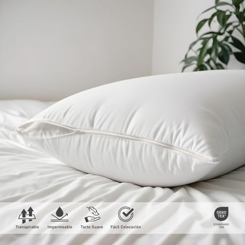 Miniatura 6 de Duérmete Online - Funda Protectora Para Almohada Con Cremallera, Impermeable Y Transpirable, Tacto Suave, Tejido Algodón Natural, Antiácaros Y Antibacterias, Blanco, 135 X 40