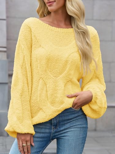 Saodimallsu Womens Off One Shoulder Sweaters Boat Neck Cable Knit Long Lantern Sleeve Loose Fall Trendy Pullover Tops2
