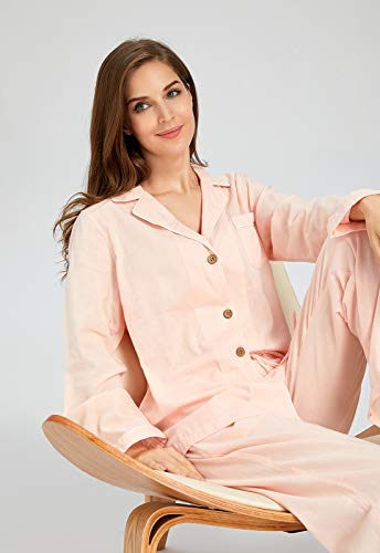 Image of Womens Muslin Pajama Set 100% Cotton Double Gauze Linen Like | Breathable Soft Comfort Button Up Loungewear Sleepwear PJ Set