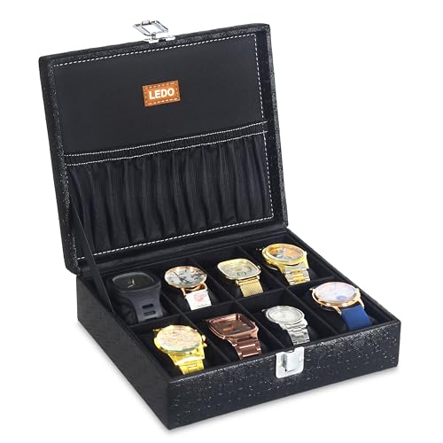 Image of LEDO Watch Box Organizer Case, 8 Slots, Black PU Leather, Metal Clasp Lock, Velvet Interior, Modern Classic Storage Box for Men and Women, Pack of 2