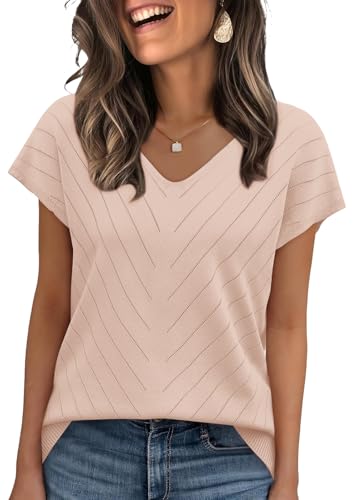 WIHOLL Womens Summer Tops Trendy Casual Cap Short Sleeve Sweater Fall Outfits for Women 2026 Casual V Neck T Shirts Soft Cute Spring Tops Tshirts Shirts for Women Apricot L