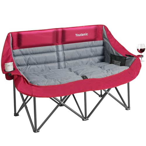 Youtanic Oversized Double Camping Chair, Folding Loveseat Camping Couch with Pocket, Cup Holder and Carry Bag, Heavy Duty Portable Camping Chairs for Adults, Fishing, Sports, Trip, up to 660lbs, Red