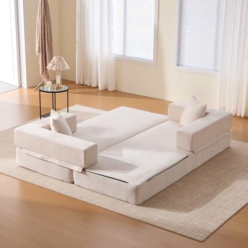 KOMHTOM Petit Canapé 2 Places en Chenille avec Coussins Confortables, DIY Libre et Poches Latérales - Canapé Convertible Multifonctionnel Moderne (Beige)