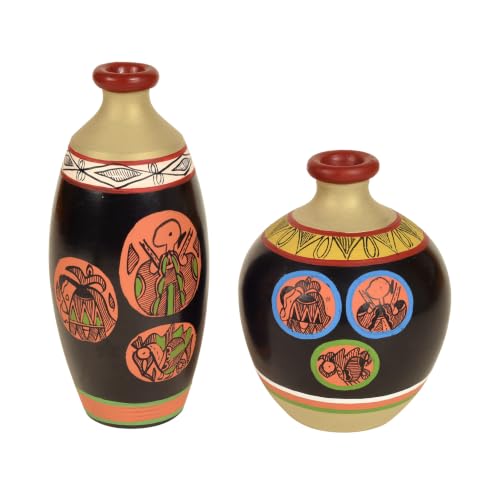 Image of Aakriti Art Creations Black Earthen Terracotta Vases Set of 2 with Madhubani Tattoo Art | Handmade Matte Finish Decorative Flower Vases for Living Room Table Decor & Home Gifting