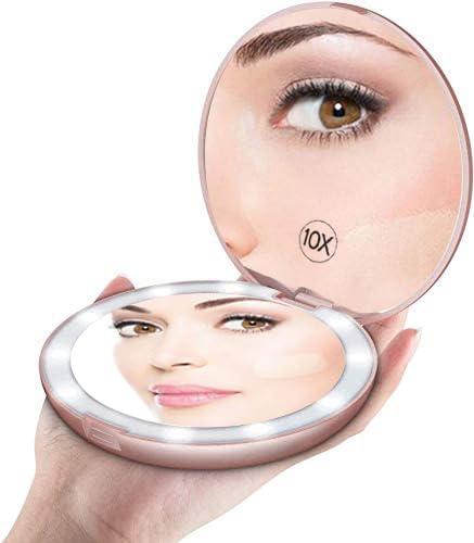 TourKing LED Travel Makeup Mirror, 3.5 inch Lighted Compact Mirror, 1X /10X Magnifying Handheld Illuminated Portable Mirror Double Sided with 10 LEDs Lights (pink)