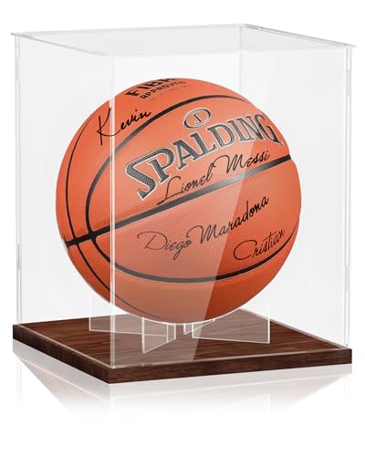 Basketball Display Case – Clear Acrylic UV Protected Full Size Holder with Solid Wood Base & Display Stand for Autographed NBA WNBA Basketball or Soccer Ball Memorabilia