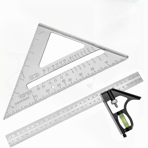 Image of 2 Pcs Combination Square Set, 12" Carpenter Combination Square with Bubble Level & Angle Marking, 7" Speed Square for Carpentry & Woodworking Tools