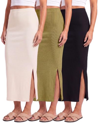 3 Pack Women's Ribbed Maxi Long Skirts High Waisted with Side Slit Pencil