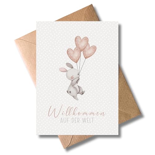 WBdesignz Glückwunschkarte Geburt Willkommen Auf Der Welt mit Umschlag - Geburt Karte Hase Geburtskarte - Neugeborenes Baby Junge Mädchen (DIN A6)