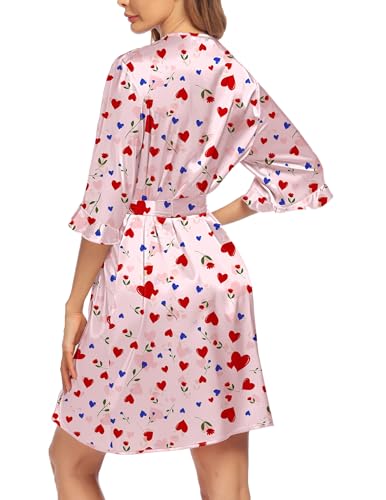 Image of Ekouaer Women's Satin Robe Valentines Lingerie for Women Kimono Bathrobe Short Ruffle Belted Robes Bridesmaids Sleepwear