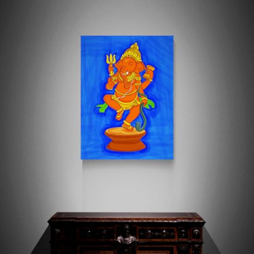 Image of ARTEBELLA Dancing Ganesha Canvas Wall Art, Blue and Orange, Hindu Deity Theme, Home Decor (31.5 in X 42.75 in)