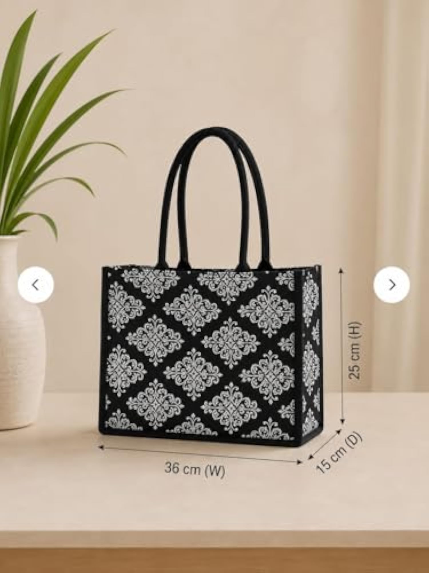 Black & White Ethnic Floral Printed Tote Bag, Reusable
