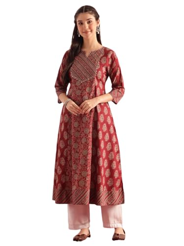 Image of Vbuyz Women's Floral Print A-Line Cotton Stitched Kurta