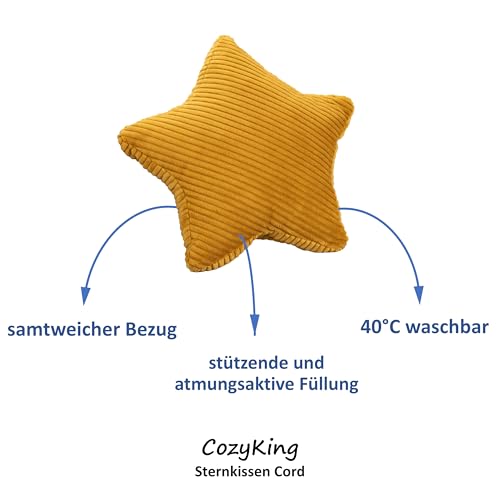 CozyKing Sternkissen Cord Gold Deko-Kissen Breitcord Kuschelkissen Stern Öko-Tex 100 Zertifiziert und 40°C waschbar - Sternenkissen für Sofa, Wohnzimmer oder Kinder-Zimmer - 38x38x14 cm