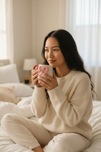 Image of Pink Bow Ceramic Mug with Legs | Cute Aesthetic Coffee Cup for Girls | Unique Designer Tea Mug | Microwave & Dishwasher Safe | Gift for Birthday, Friends & Special Occasions