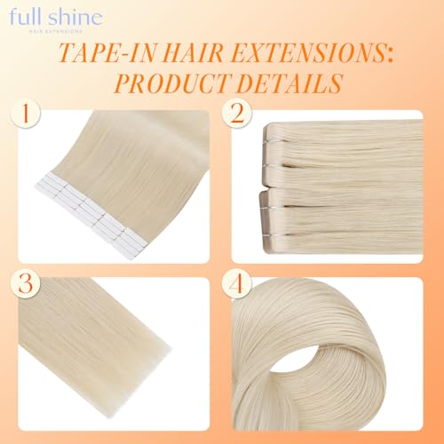 Image of Full Shine Invisible Tape in Hair Extensions Human Hair, Color 1000 White Blonde, Remy Injected Tape in Extensions, 14 Inch 20pcs 40g Silky Straight Natural Blend for Thin Hair