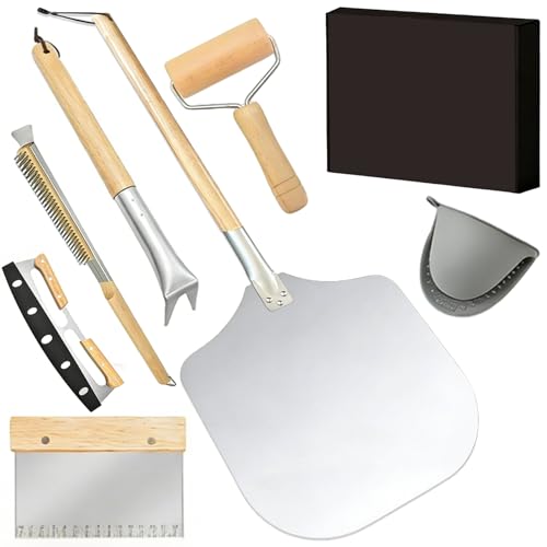 BRGD 7 piezas Juego de preparación de pizza Incluye Espátula para Pizza, Cepillo para Horno, Volteador de Pizza, Cortador de Pizza, Rodillo, Cortador de Masa y Guantes Resistentes al Calor