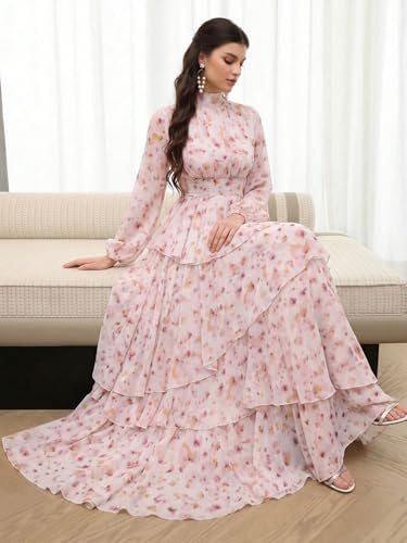 Image of TOLEEN Summer Casual Dresses for Women 2024 Spring Fashion Boho V Neck Long Sleeve Ruffle Floral Print Elegant Maxi Dress