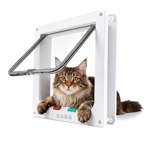 Nukoqcd Grande gattaiola per gatti, 28 x 25 cm, resistente, resistente alle intemperie, con serratura a 4 vie, facile da montare, per porte, pareti o recinzioni (bianco, XL)