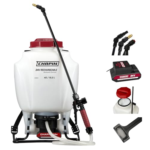 Chapin International 63924 4-Gallon 24V Extended Spray Battery Backpack Sprayer, with Adjustable Brass Nozzle, 1-Pack, Translucent White