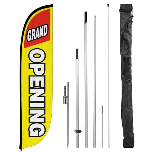 Image of LookOurWay Feather Flag Pole Kit - 12 Feet Tall Advertising Flag Banner with Fiberglass Pole Kit and Ground Spike for Business Promotion - Grand Opening Flags - Grand Opening Yellow & Red (10M1200027)